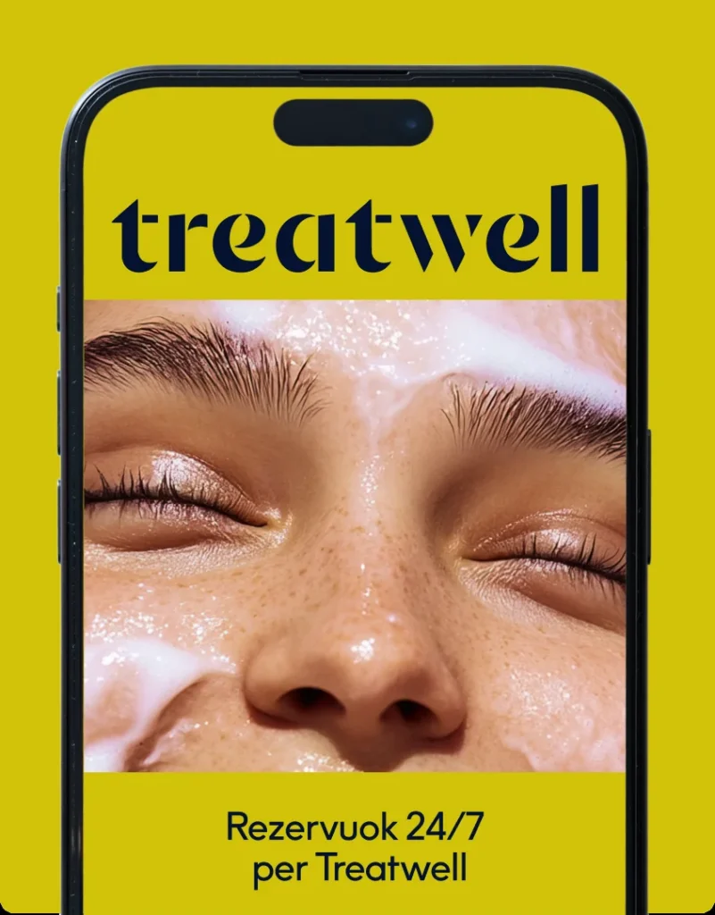 Išmanusis telefonas su Treatwell programėle ir kvietimu rezervuoti visą parą
