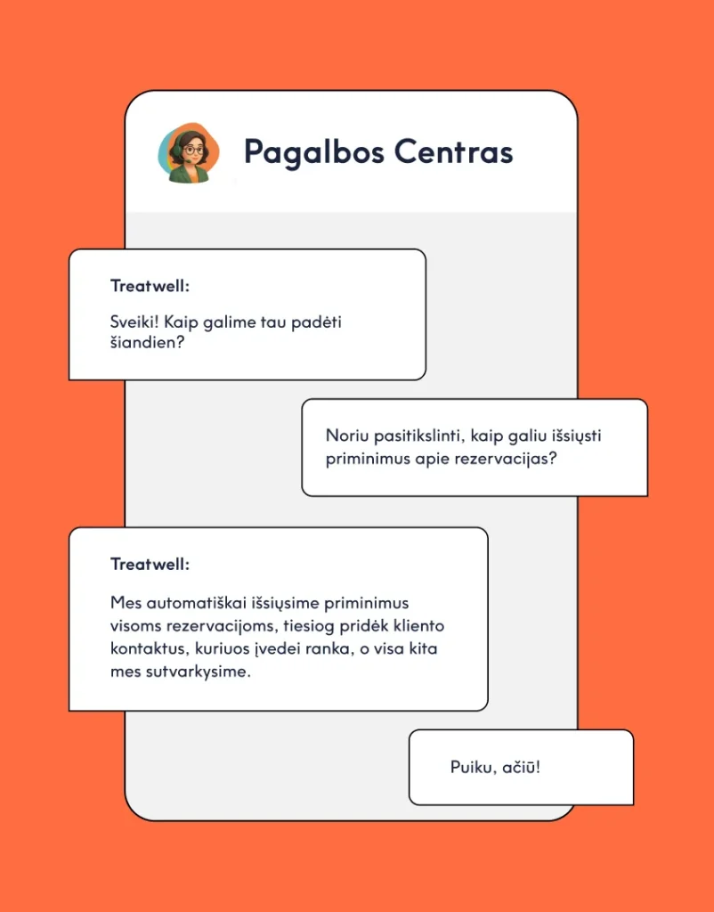 Pokalbis Treatwell Connect Pagalbos centre apie priminimų siuntimą