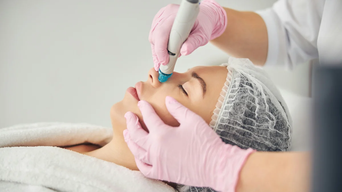 Moters per HydraFacial procedūrą stambus planas, kai specialistė su pirštinėmis slysta prietaisu jos nosimi